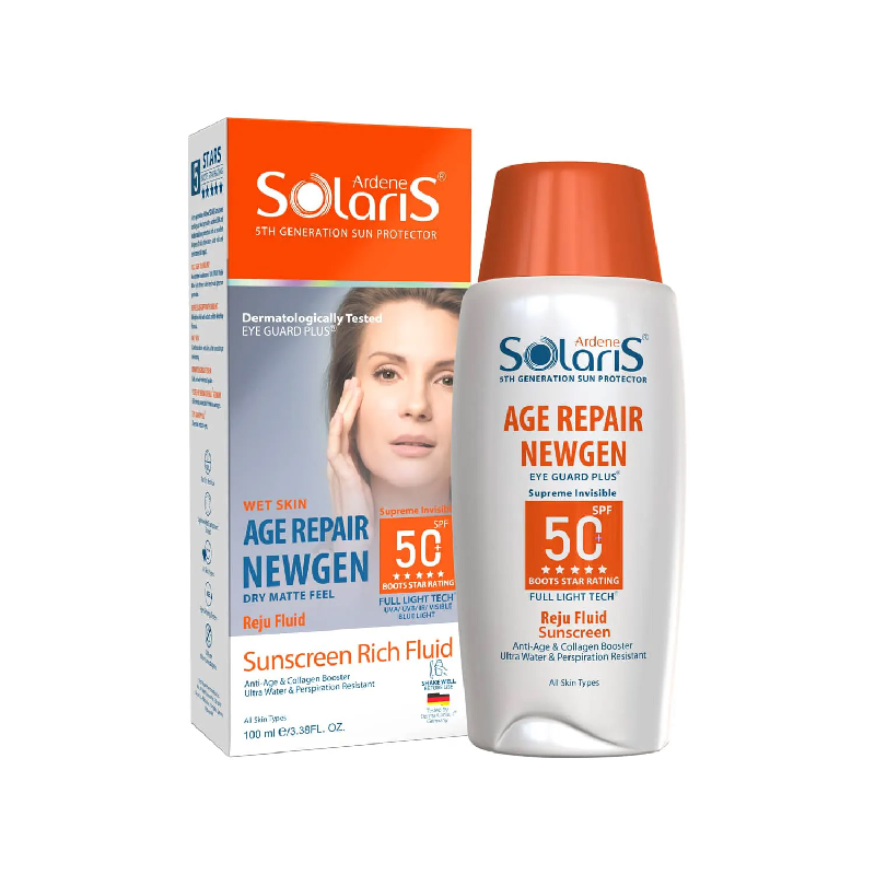 فلوئید ضد آفتاب ضد چروک بی رنگ SPF50 انواع پوست سولاریس آردن 100 میلی لیتر