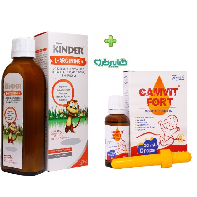 پک ویژه شربت ال آرژنین پلاس کیندر 200 میلی لیتر+قطره کامویت ‌فورت های هلث 30 میلی لیتر