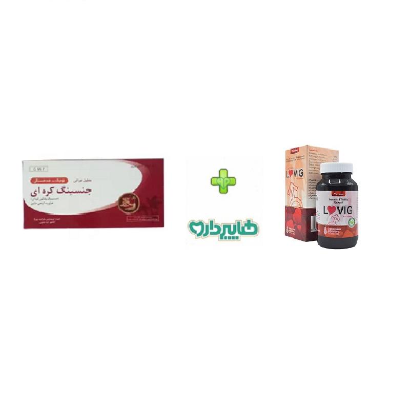 پک محلول خوراکی جنسینگ کره ای جی ام پی 10 عدد+کپسول لاوویگ سبز دارو مخصوص آقایان 60 عدد