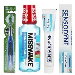 خمیر دندان سنسوداین اورجینال سری Daily Care به همراه مسواک و دهانشویه میسویک