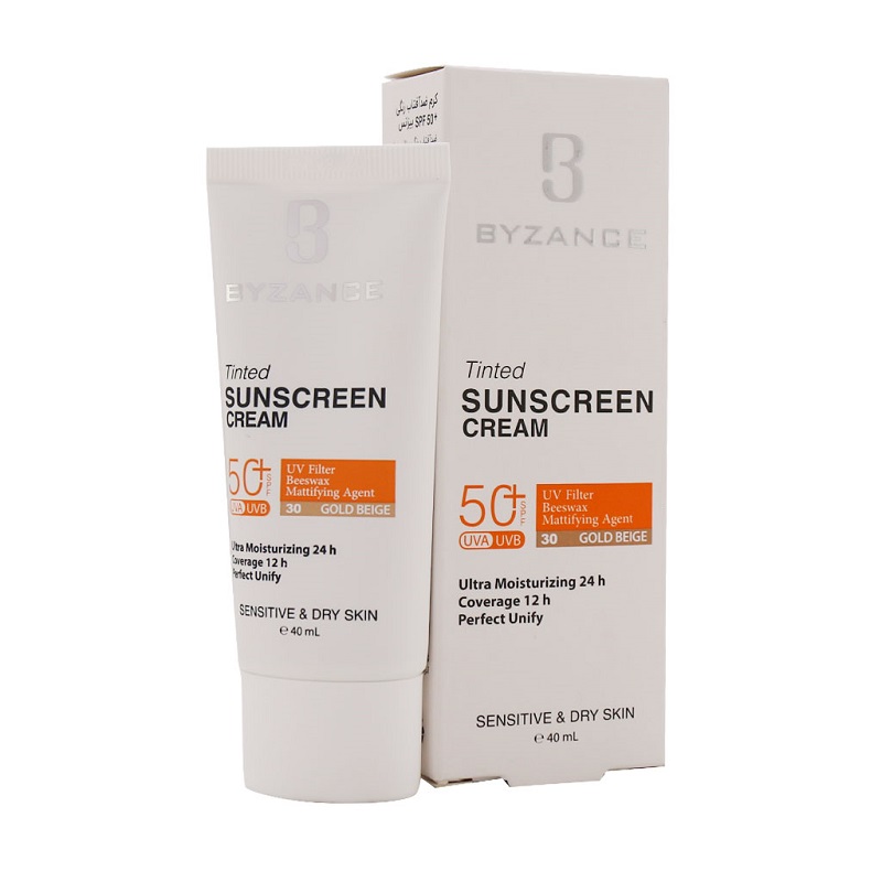 کرم ضد آفتاب +SPF50 بیزانس مناسب پوست خشک و حساس بژ طلایی 40 میلی لیتر