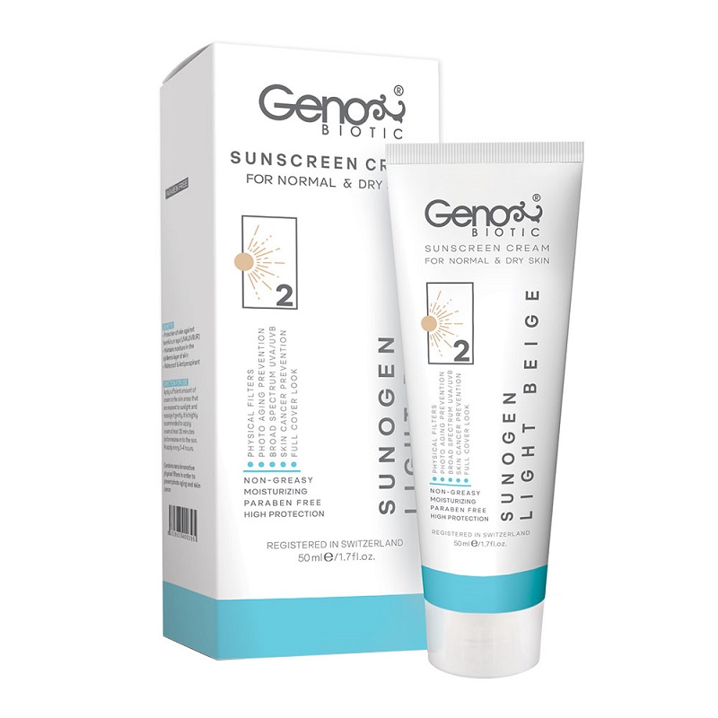 کرم ضد آفتاب بژ روشن پوست خشک ژنوبایوتیک SPF۵۰ حجم 50 گرم
