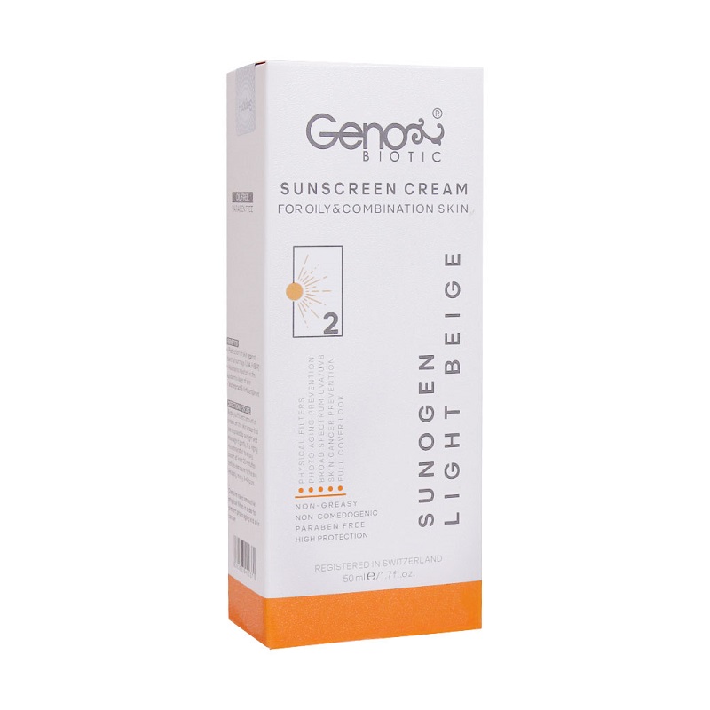 کرم ضد آفتاب SPF50 ژنوبایوتیک بژ روشن مناسب پوست چرب و مختلط 50 گرم