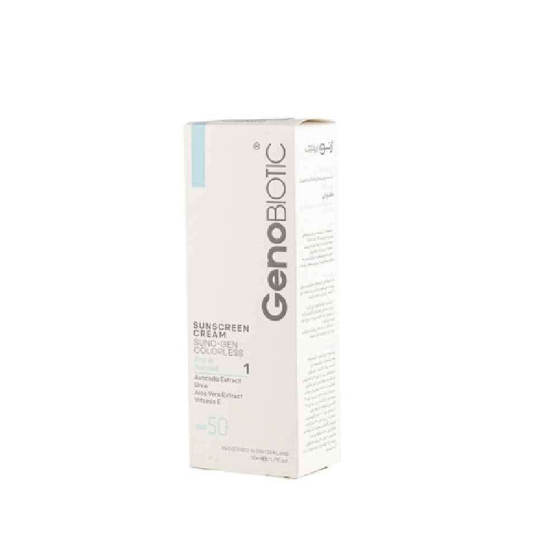کرم ضد آفتاب بی رنگ پوست خشک ژنوبایوتیک SPF50 حجم 50 گرم