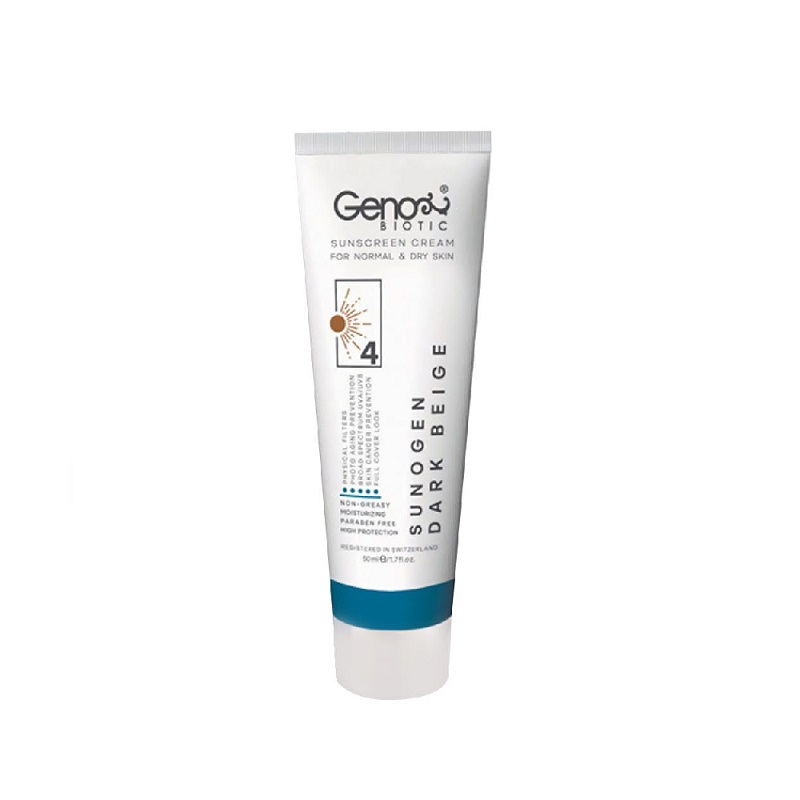 کرم ضد آفتاب رنگی SPF50 پوست خشک و معمولی بژ تیره ژنوبایوتیک 50 گرم