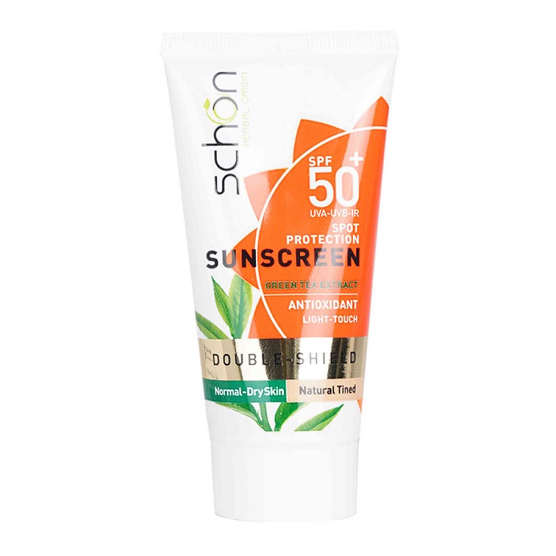 کرم ضد آفتاب دابل شیلد چای سبز رنگ طبیعی مناسب پوست خشک و نرمال SPF50 شون