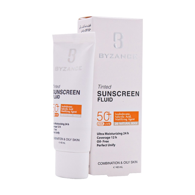 فلوئید ضد آفتاب کرم پودری +SPF50 بیزانس مناسب پوست مختلط و چرب بژ طبیعی 40 میلی لیتر