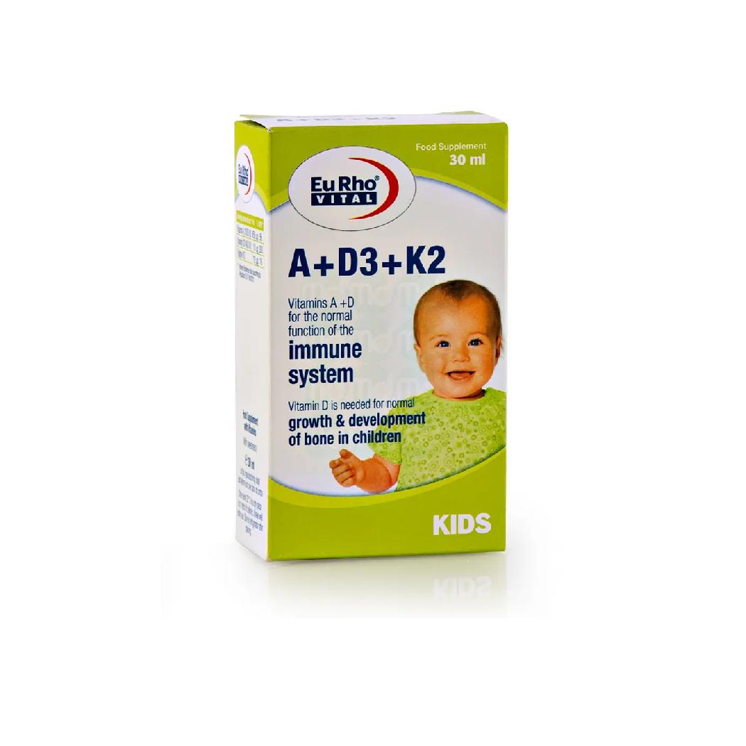 قطره خوراکی A+D3+K2 یوروویتال برای نوزادان بالای 6 ماه 30ml