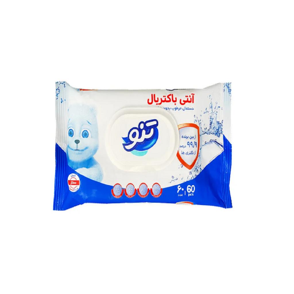 دستمال مرطوب بدون عطر آنتی باکتریال تنو بسته 60 عدد