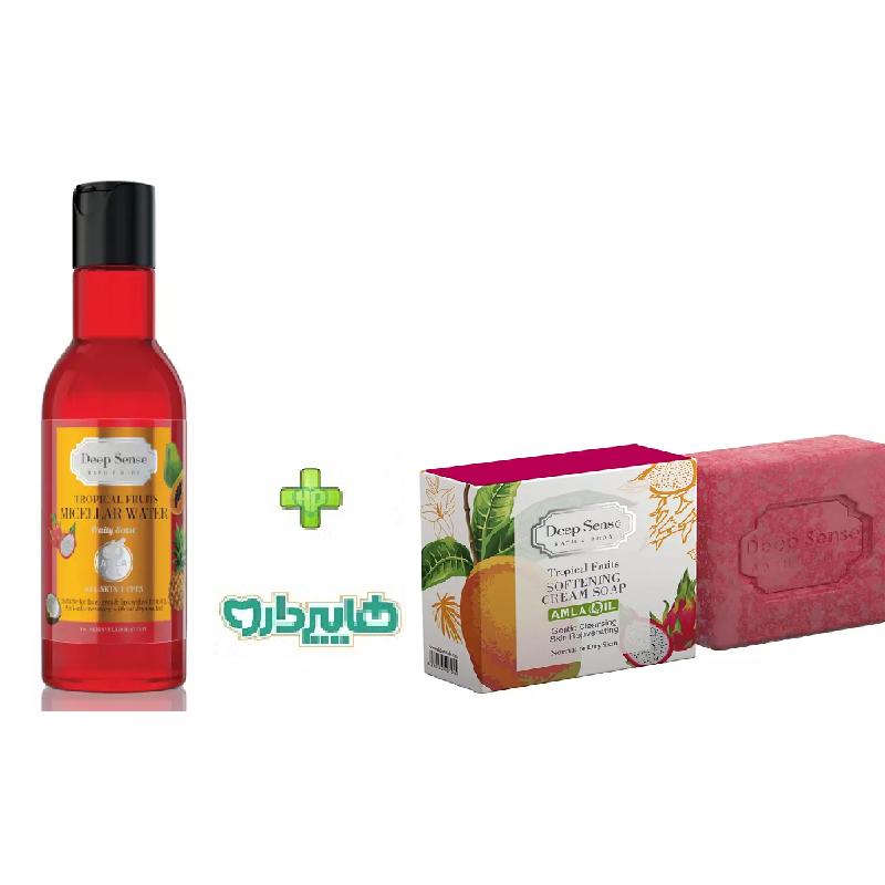 پک ویژه صابون کرمی نرم و مرطوب کننده تروپیکال دیپ سنس 75 گرم+محلول میسلار واتر محلول پاک کننده آرایش صورت پوست خشک دیپ سنس حجم 160 میلی لیتر