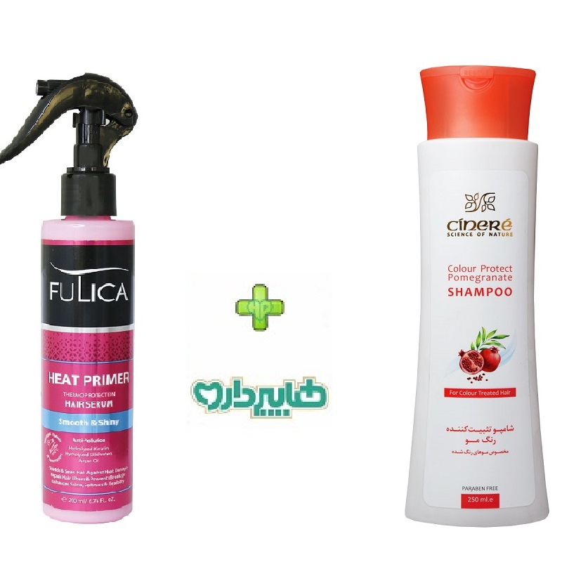 پک ویژه اسپری محافظ حرارتی (پرایمر) مو فولیکا 220 میلی لیتر+شامپو تثبیت کننده رنگ مخصوص موهای رنگ شده سینره 250 میلی لیتر