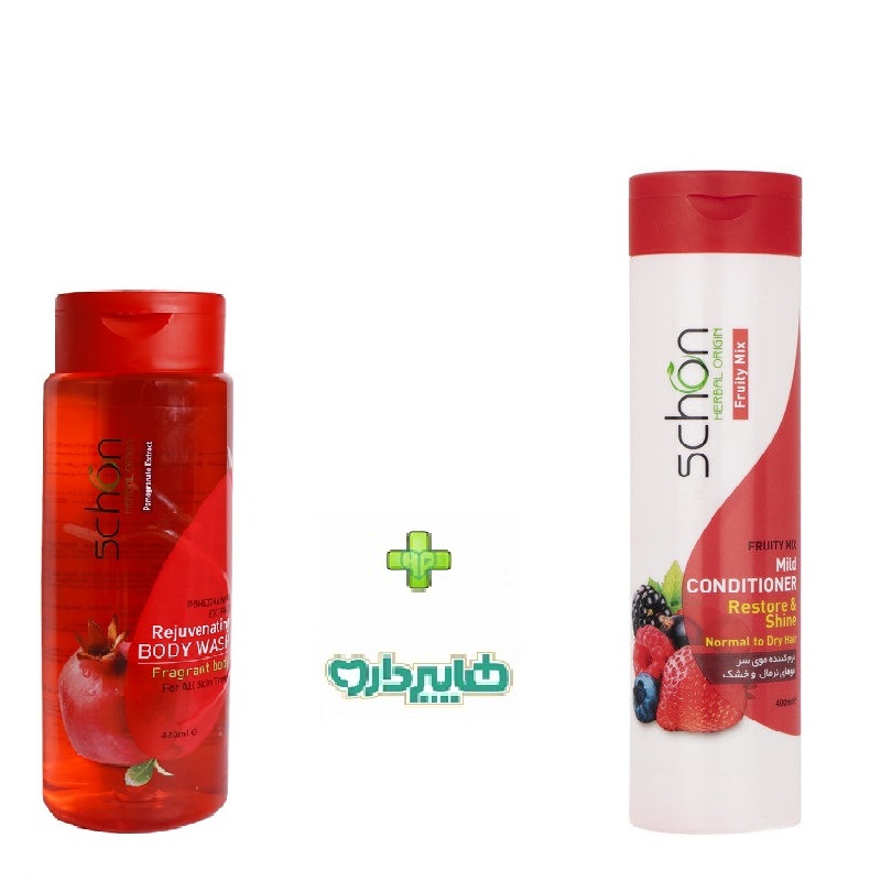 پک ویژه شامپو بدن انار مناسب انواع پوست شون 420 میلی لیتر+نرم کننده فروتی موهای نرمال تا خشک شون 400 میلی لیتر