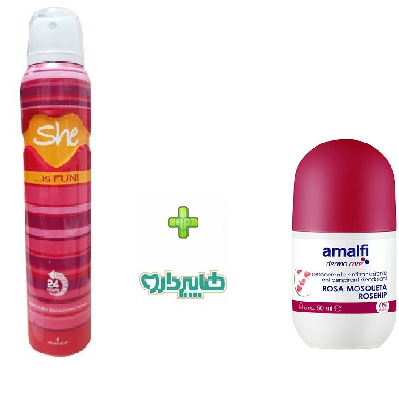 پک ویژه اسپری خوشبوکننده زنانه شی فان 200 میلی لیتر+مام رول دئودورانت ضد تعریق رز هیپ آمالفی 50 میلی لیتر